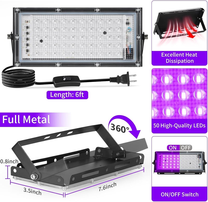 YAYIT أضواء سوداء 50 واط مع مفتاح + قابس، مقاومة للماء IP66، ضوء فلاش LED أسود لحفلة توهج، هالوين، غرفة نوم، ملصق فلوريسنت، طلاء جسم، عبوة من 2 - Image 4